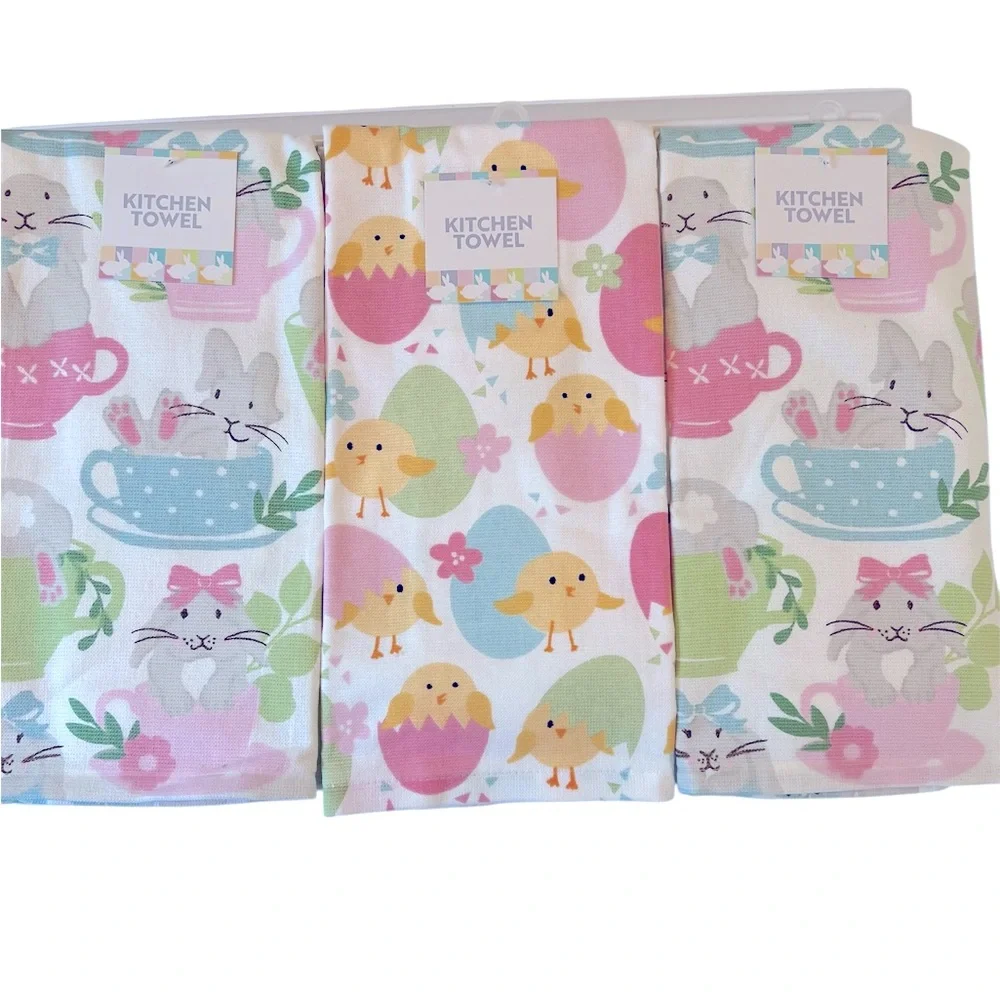 Easter Kitchen Towels Featuring Pastel Bunnies in Teacups and Chicks & Eggs. NWT
